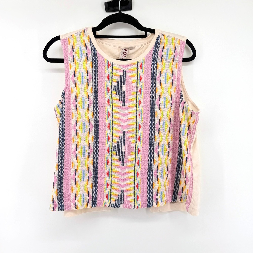 Dolan Top Embroidered Geometric Split Back Medium Pink Womens Boho Sleeveless